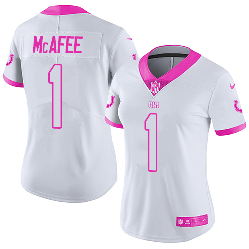 Women's Limited Pat McAfee Nike Jersey White/Pink - #1 Rush Fashion NFL Indianapolis Colts